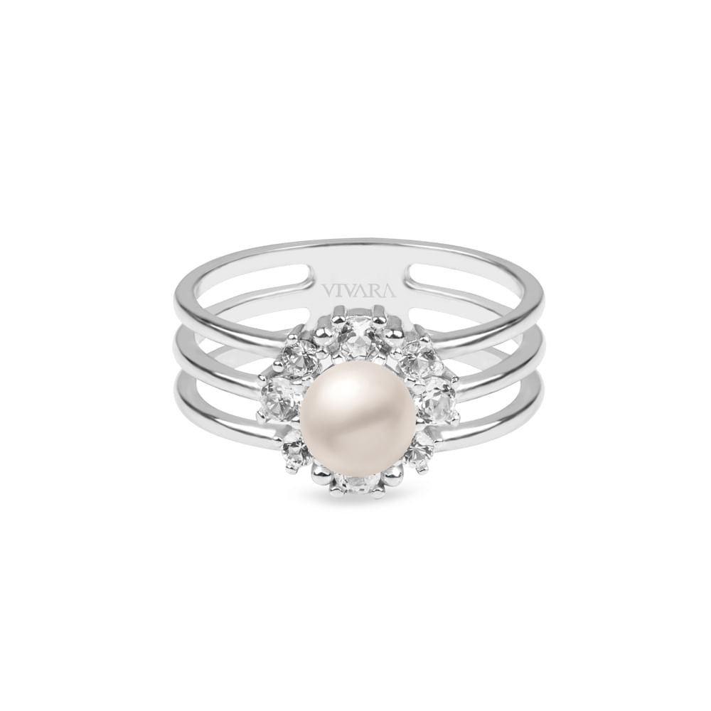 Anel em Prata 925 com Pérola e Topázios Incolores