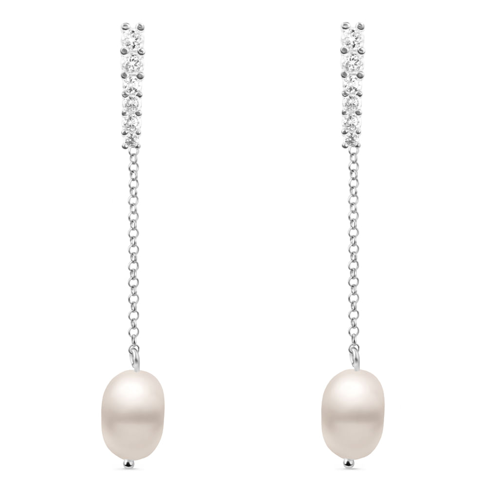 Brinco em Prata 925 com Pérola e Topázios Incolores