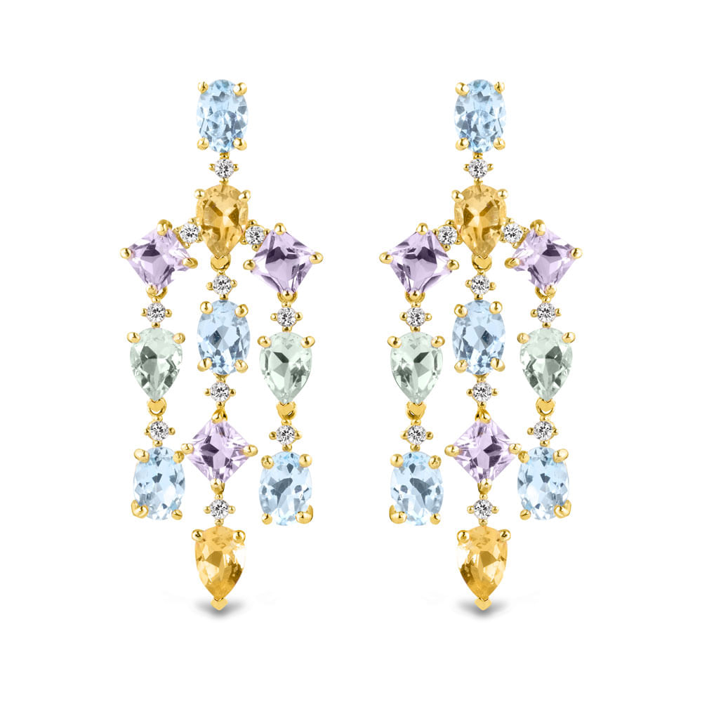 Brinco Florence em Ouro Amarelo 18k com Topázios Sky, Prasiolitas, Ametistas Roxas, Citrinos e Diamantes