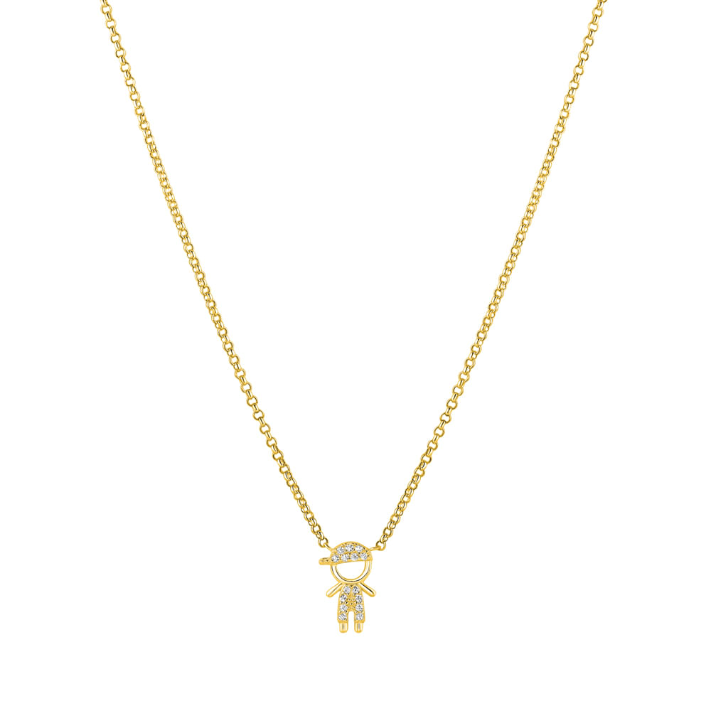 Colar Life Forever Menino em Prata 925 com Banho de Ouro Amarelo 18k e Pedras Incolores, 45cm