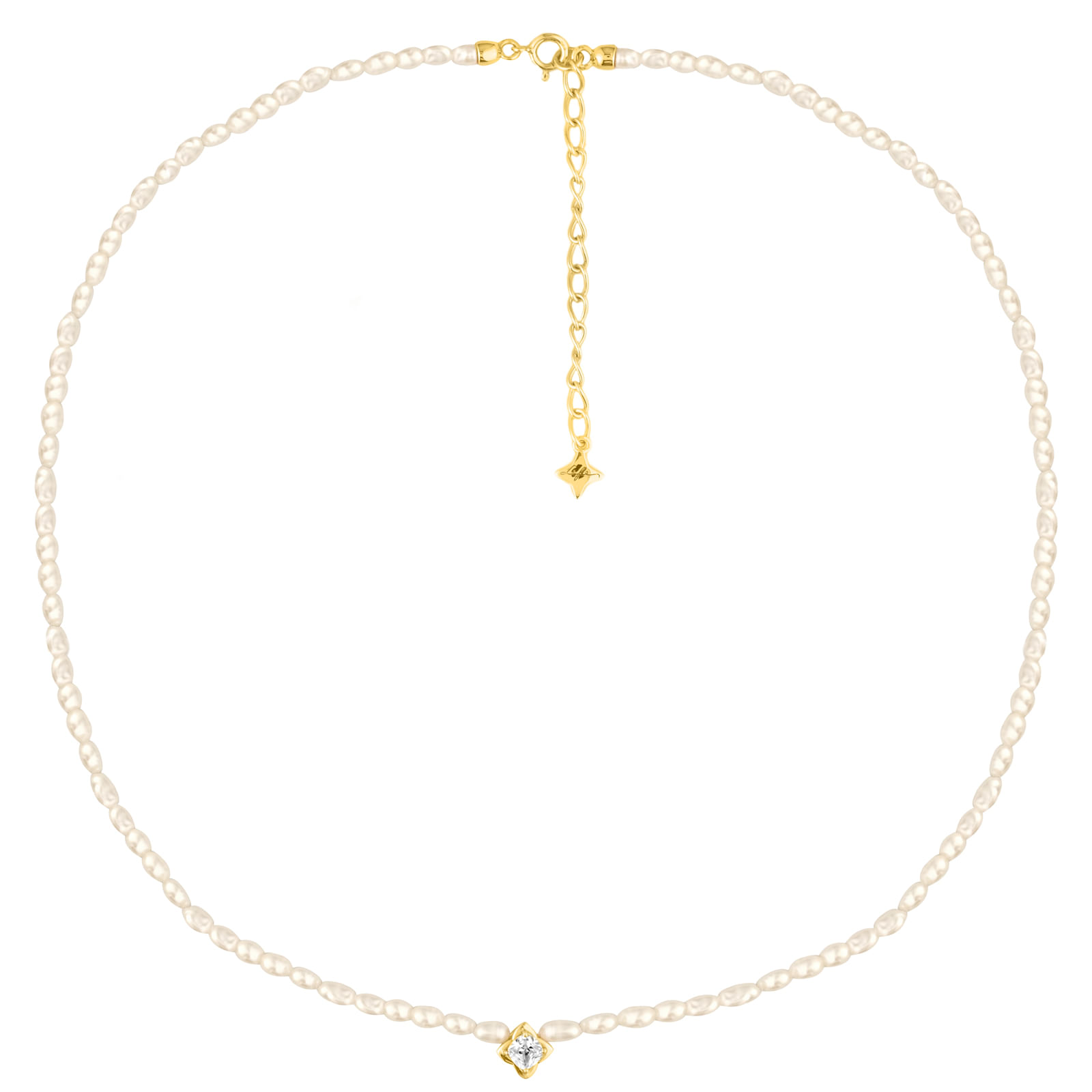 Colar Life em Prata 925 com Banho de Ouro Amarelo 18k, Pérolas e Pedra Incolor, 45cm