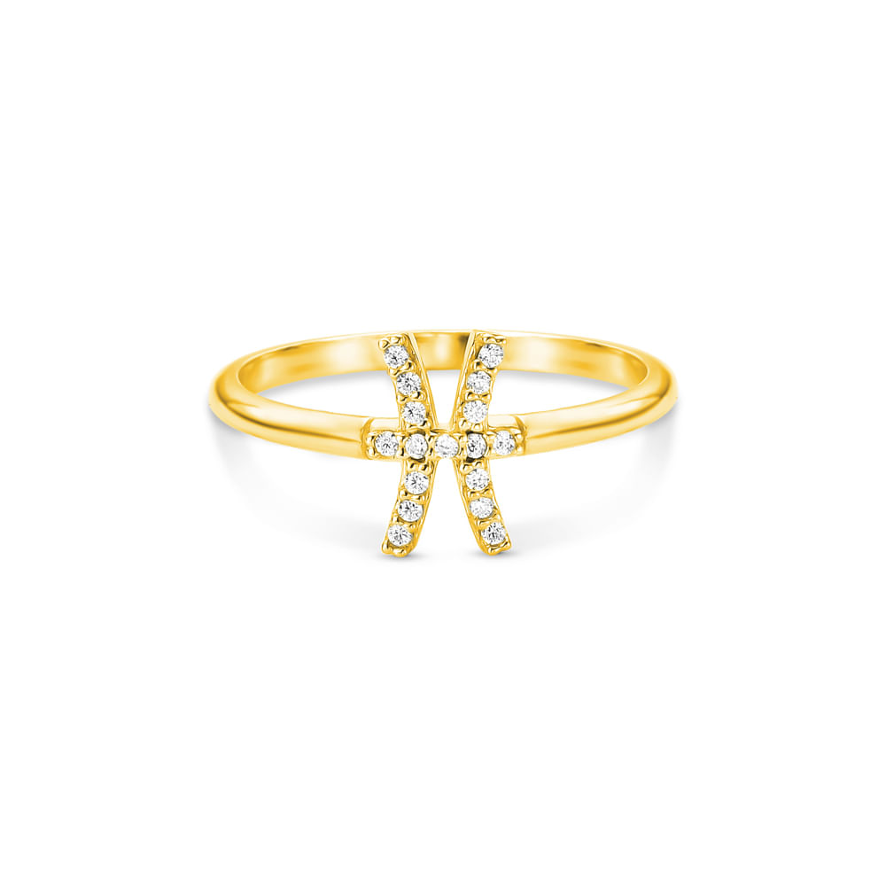 Anel Life Signo Peixes em Prata 925 com Banho de Ouro Amarelo 18k e Pedras Incolores