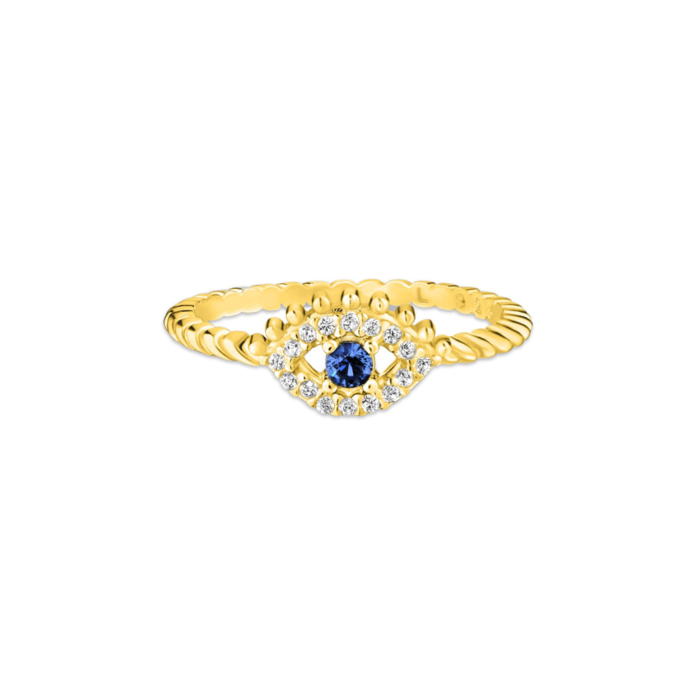 Anel Life Patuás III Olho Grego em Prata 925 com Banho de Ouro Amarelo 18k e Pedras Azul e Incolores