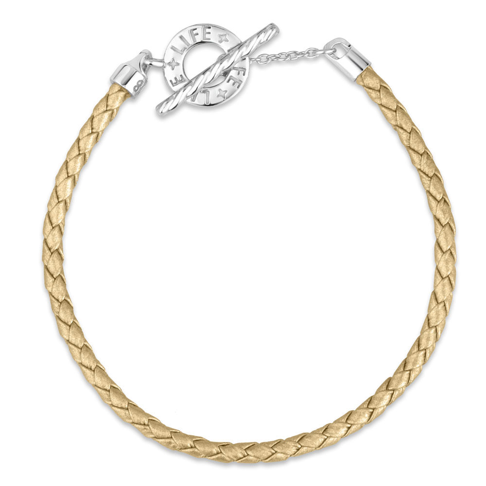 Pulseira Life em Couro Dourado com Prata 925