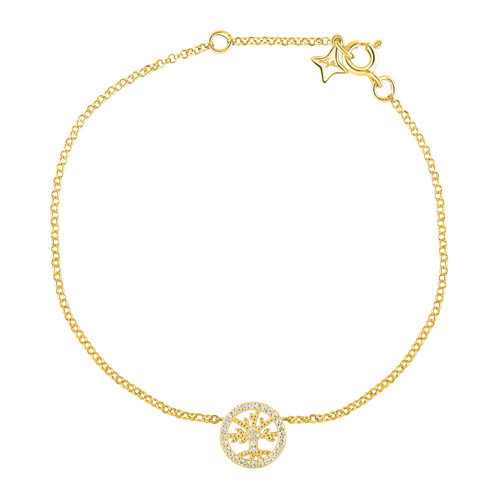 Pulseira Life Forever Árvore em Prata 925 com Banho de Ouro Amarelo 18k e Pedras Incolores