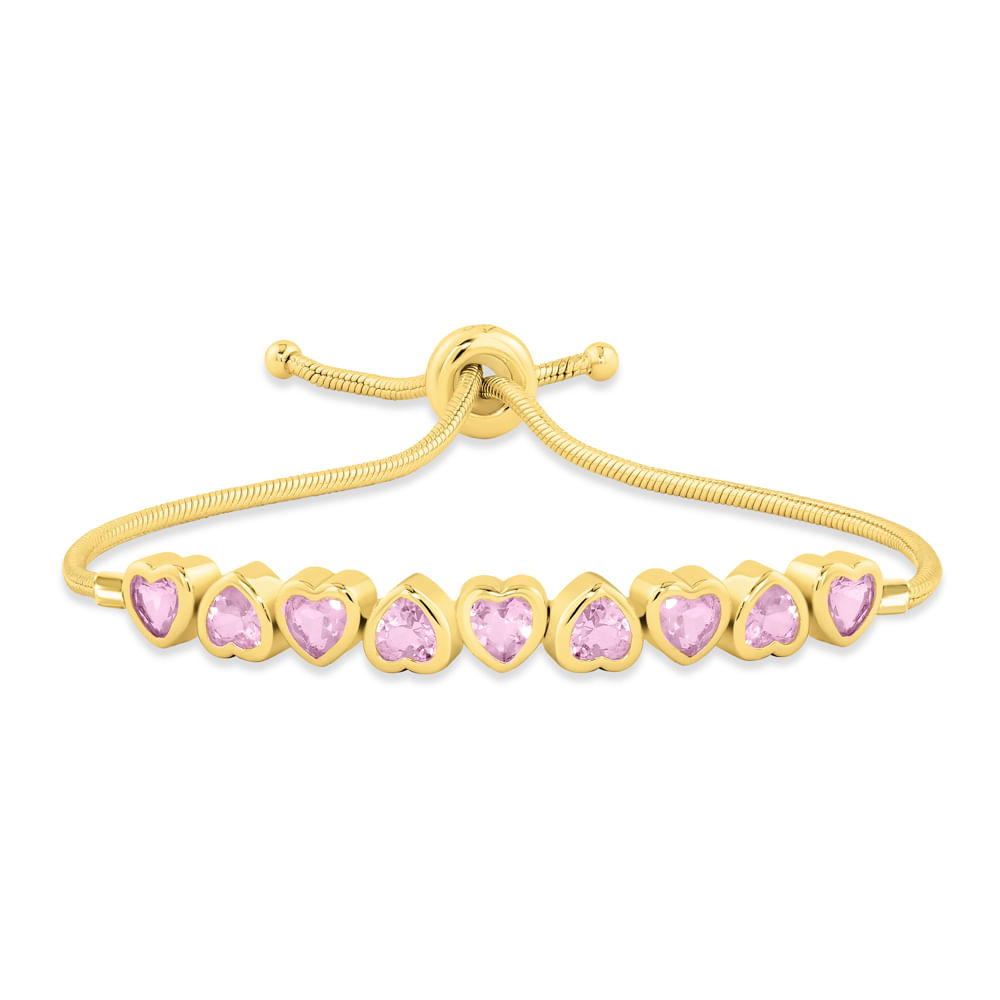 Pulseira Life Cora Corações em Prata 925 com Banho de Ouro Amarelo 18k com Cristais Rosa