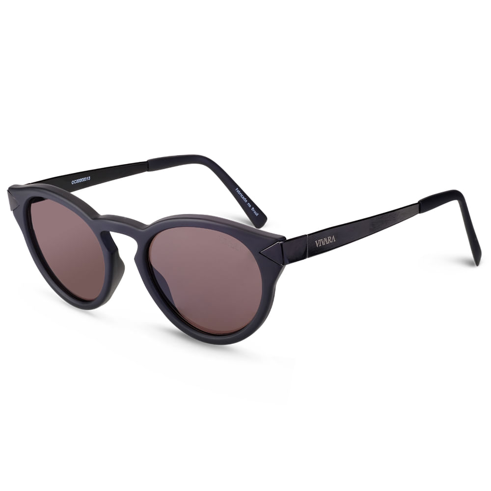 Óculos de Sol Redondo em Aço e Acetato Preto Fosco