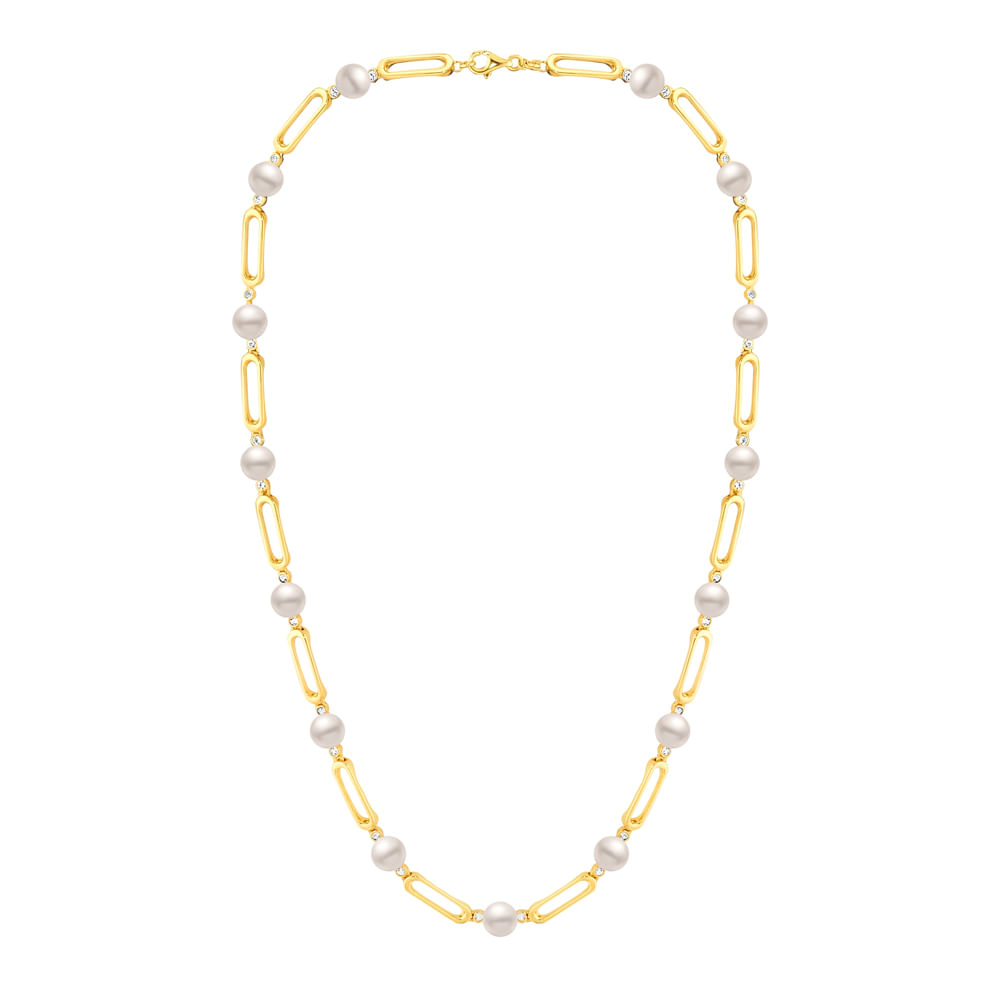 Colar Luar em Ouro Amarelo 18k com Pérolas e Safiras Incolores, 45cm
